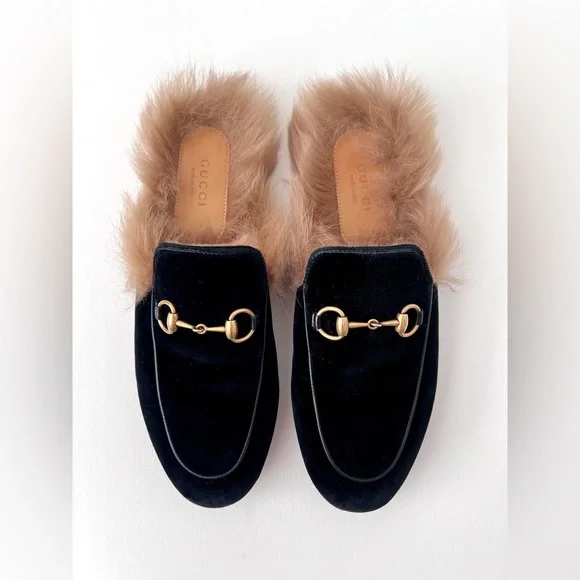 GUCCI || Princetown Fur Black Velvet Horsebit Mules Flats Slides Slippers US 7 - Picture 4 of 9